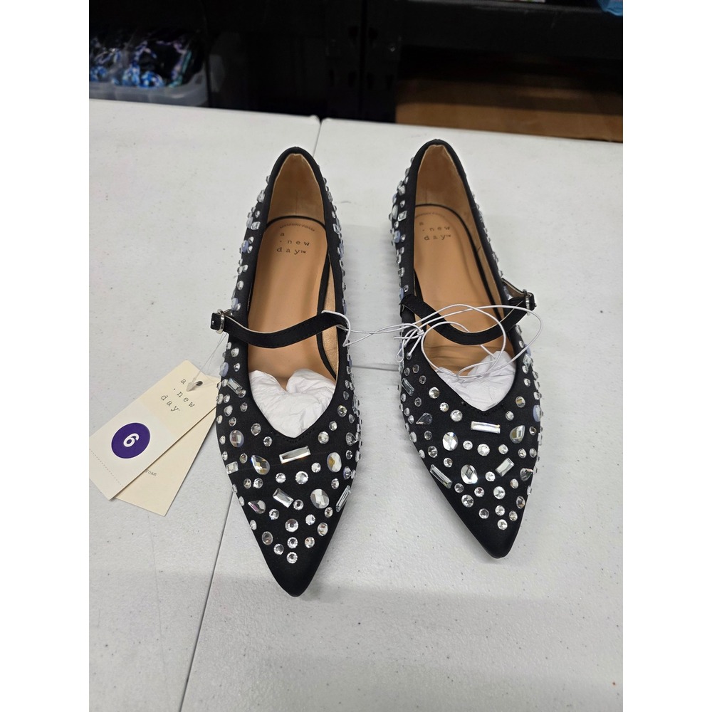A New Day Womens Black Rhinestone Pointed Toe Mary Jane Flats Memory Foam Size 6